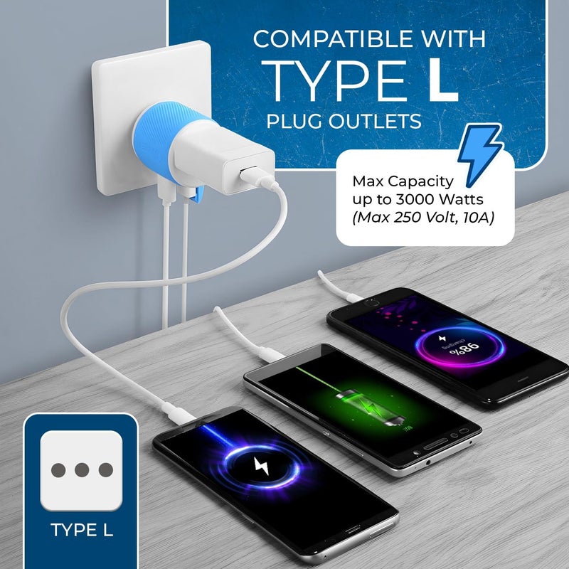 OREI Italy, Uruguay Travel Plug Adapter with Dual USB - Type L (U2U-12A), Will Work with Cell Phones, Camera, Laptop, Tablets, iPad, iPhone and More, Blue - Image 5